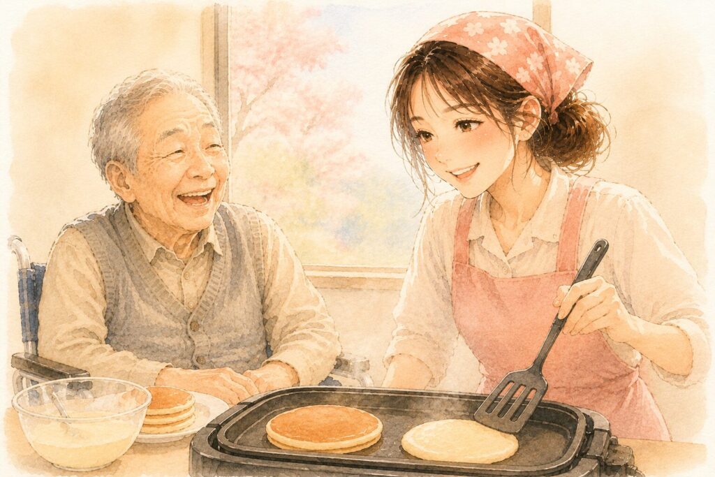 ホットプレートでパンケーキを焼く介護スタッフの女性と、笑顔の高齢男性