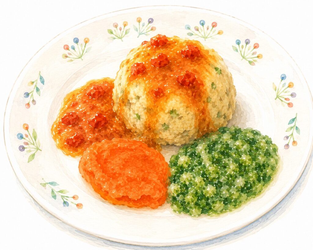 彩りよく盛り付けた、きざみ食・ペースト食の一皿