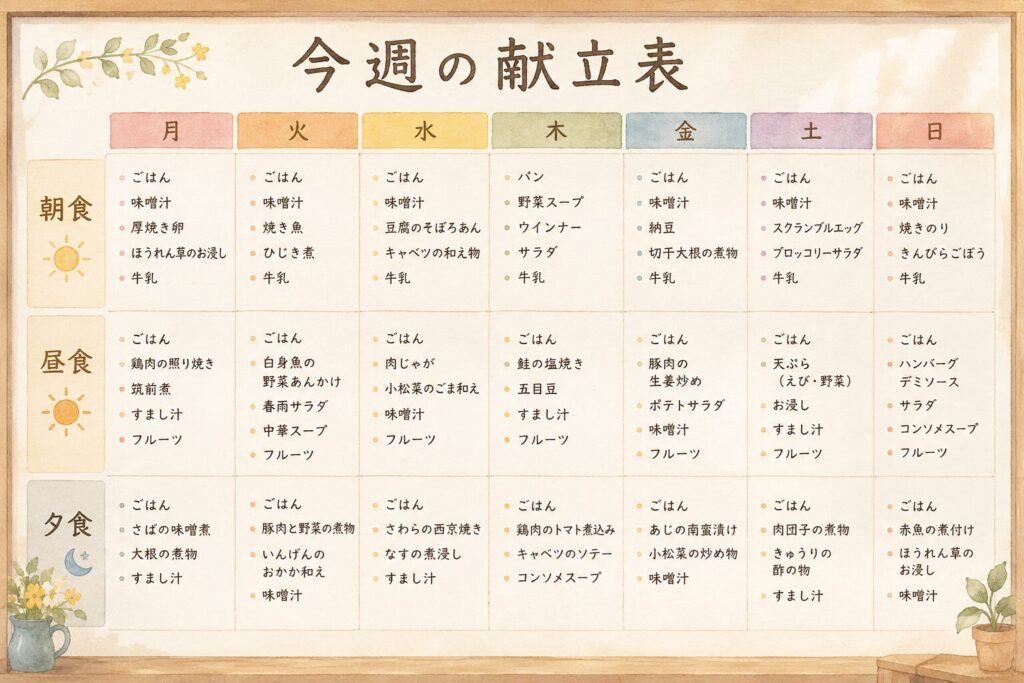 老人施設でよくある献立表の一例
