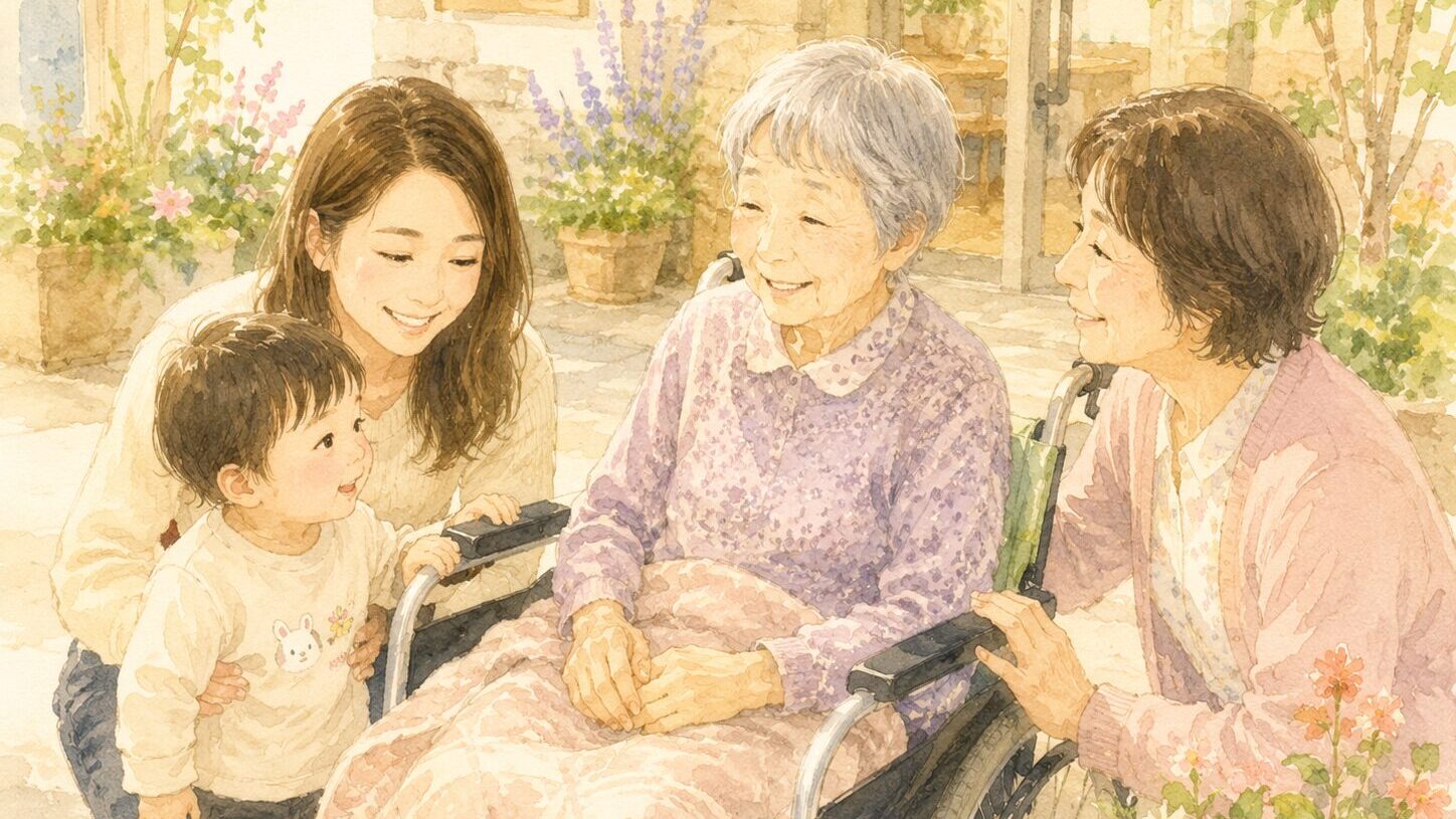 ご家族と面会して喜ばれる高齢女性（晴れと家）