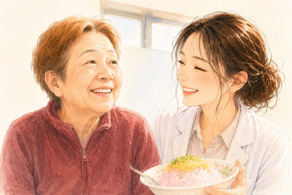 高齢女性に優しく声をかけながら、食事の介助をする介護スタッフの女性