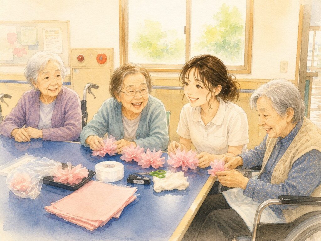折り紙の花を作りながら談笑する高齢者3人と、介護スタッフの女性