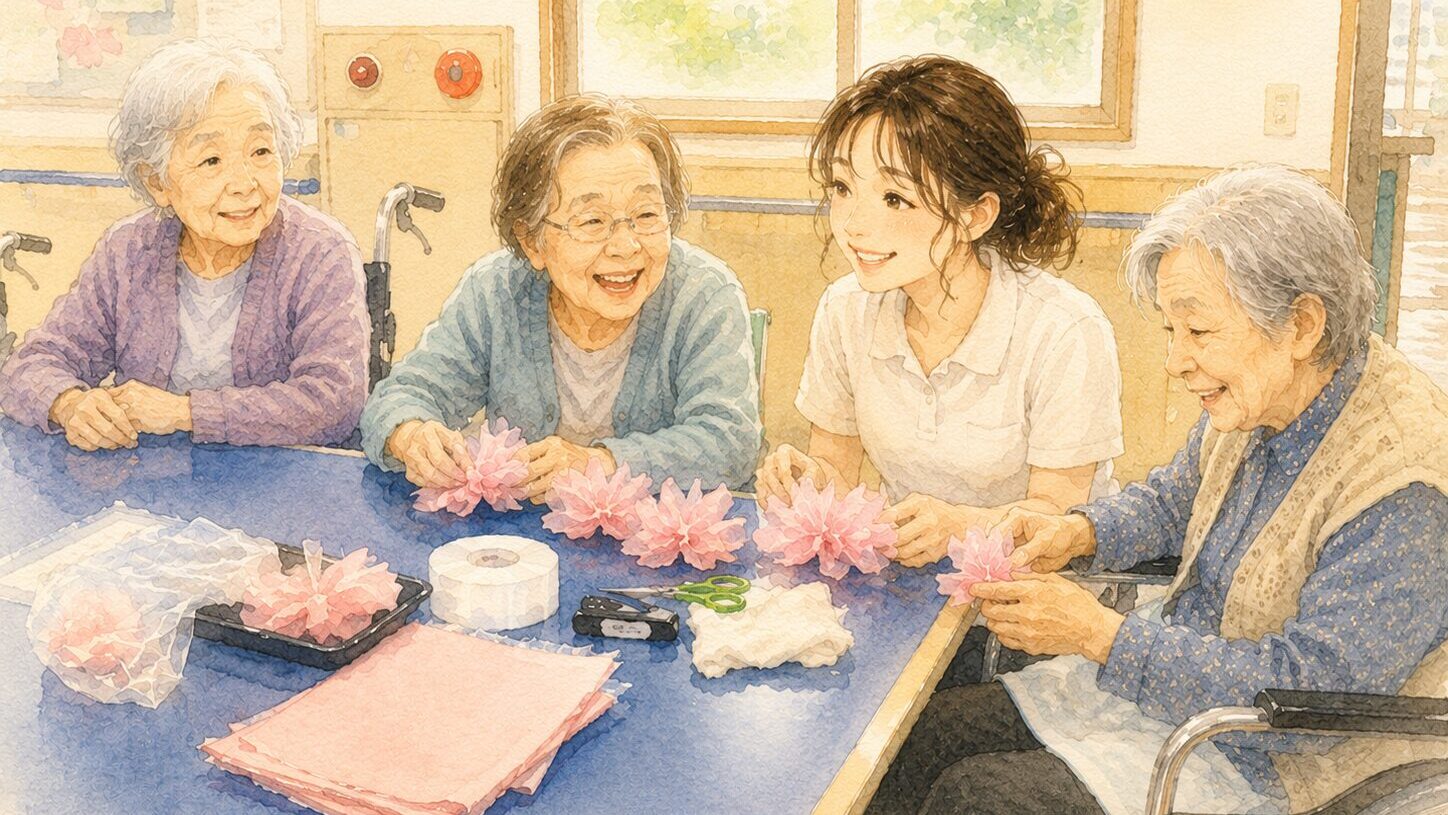 折り紙の花を作りながら談笑する高齢者3人と、介護スタッフの女性