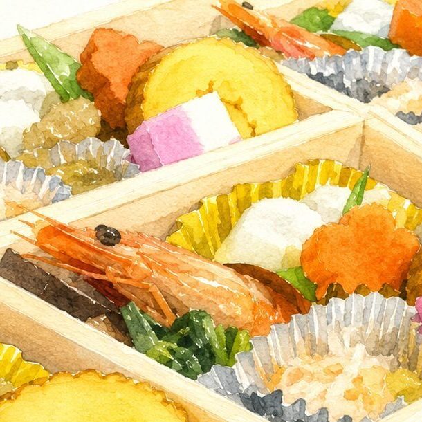 海老やだし巻き卵が並ぶ、彩り豊かな祝い膳の中身