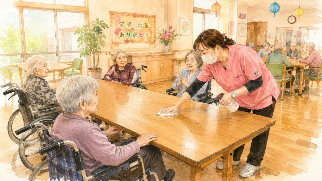 「笑顔 元気 ありがとう」の掲示がある食堂で、テーブルを拭くスタッフと高齢者たち