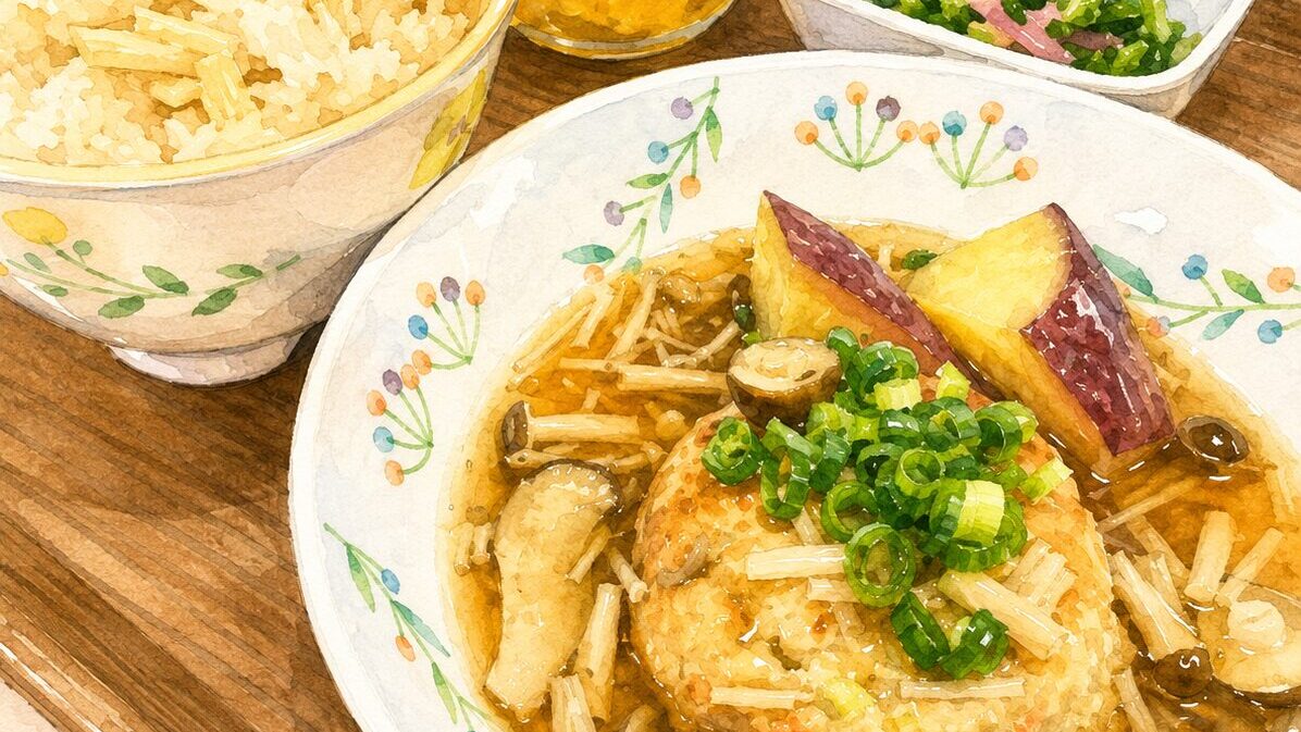 きのこと薩摩芋の煮物、白いご飯が並ぶ和食の膳