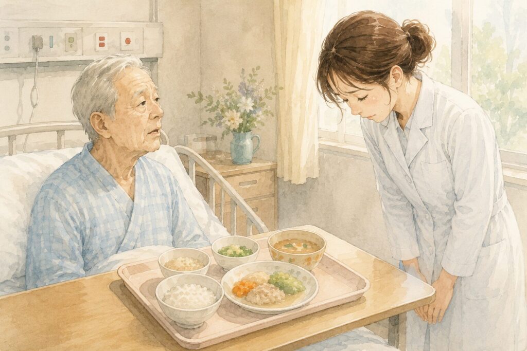 病室のベッドで食事のトレーを受け取る高齢男性と、運ぶ介護スタッフの女性