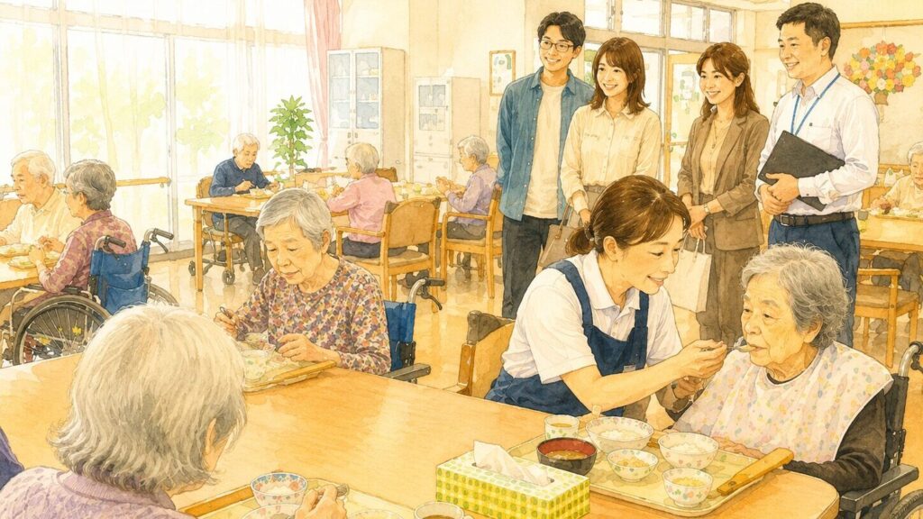 食堂で高齢者に食事介助をするスタッフと、見学に訪れた家族連れ
