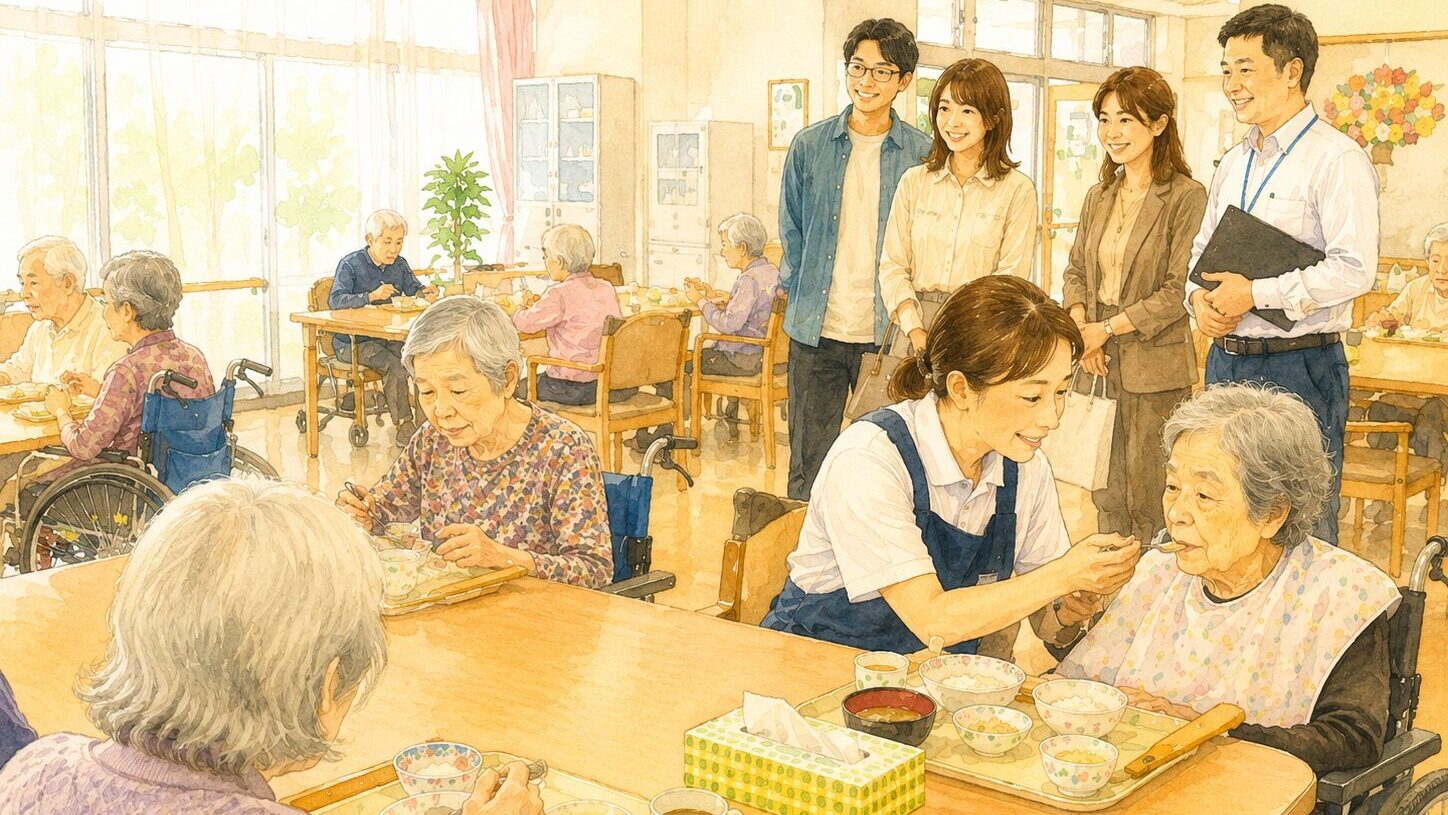 食堂で高齢者に食事介助をするスタッフと、見学に訪れた家族連れ