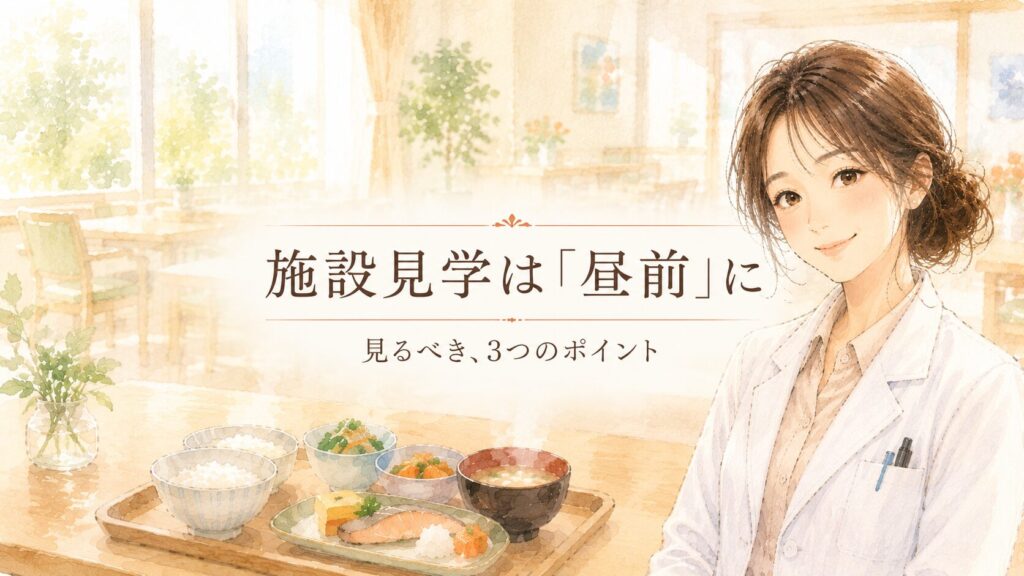 明るい食堂で湯気の立つ味噌汁の膳と、白衣の女性。「施設見学は昼前に」の見出し画像